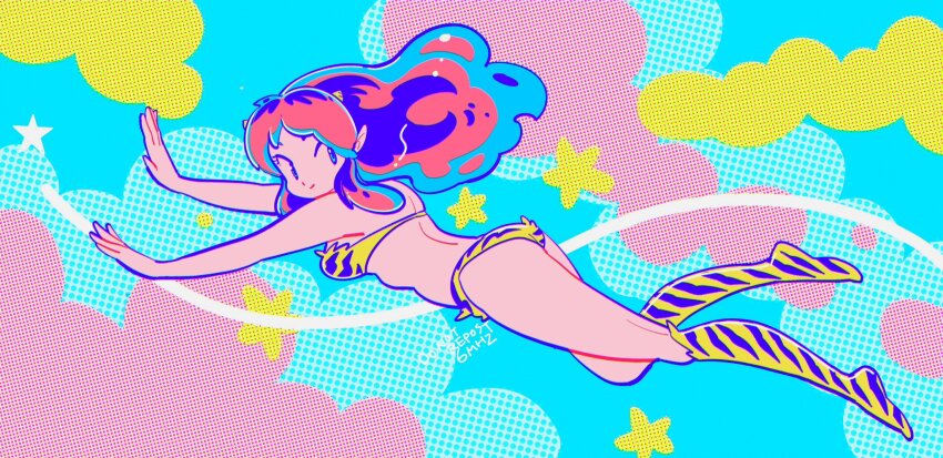 1girl animal_print aqua_eyes ass bare_arms bare_shoulders bikini breasts floating floating_hair full_body highres horns long_hair lum medium_breasts midriff muda_rengou_to_ziggy_stardust multicolored_hair oni outstretched_arms pointy_ears print_bikini print_boots sidelocks solo swimsuit tiger_print twitter_username urusei_yatsura