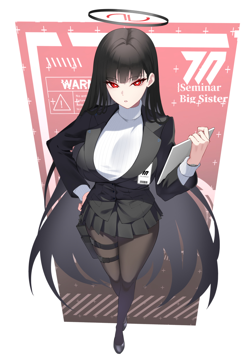 1girl absurdres black_hair black_halo black_jacket black_pantyhose black_shoes black_skirt blue_archive breasts bright_pupils commentary english_text full_body gun hair_ornament hairclip halo hand_on_own_hip handgun highres holding holding_tablet_pc holster holstered id_card jacket kurosaki_saya large_breasts long_hair long_sleeves looking_at_viewer miniskirt pantyhose parted_lips perspective pleated_skirt pouch red_eyes ribbed_sweater ringed_eyes rio_(blue_archive) shoes skirt solo standing suit_jacket sweater tablet_pc thigh_holster thigh_strap turtleneck turtleneck_sweater very_long_hair weapon white_pupils white_sweater