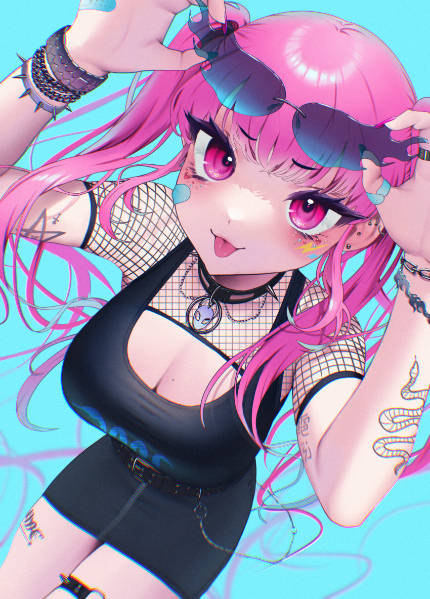 1girl absurdres alien bandaid belt bitaro blue_background bracelet breasts choker cleavage crossed_bangs ear_piercing earrings fishnets from_above goth_fashion gyaru highres holding holding_removed_eyewear huge_filesize jewelry kogal large_breasts long_eyelashes long_hair looking_at_viewer mole mole_on_breast original piercing pink_eyes pink_hair rokku_gyaru short_eyebrows shrug_(clothing) simple_background snake solo spiked_bracelet spiked_choker spikes sports_bra sunglasses tattoo thigh_strap tinted_eyewear tongue tongue_out twintails unworn_eyewear zipper