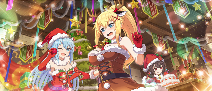 3girls :q ;d animal_costume animal_ears antlers aqua_(konosuba) armpit_crease bare_shoulders bell belt belt_buckle black_belt blonde_hair blue_eyes blue_hair blush bow braid breasts brown_dress brown_hair buckle cake capelet choker christmas christmas_ornaments christmas_tree cleavage cross-laced_clothes cross-laced_dress darkness_(konosuba) deer_ears dress dress_bow elbow_gloves fake_animal_ears fake_antlers food fur-trimmed_capelet fur-trimmed_dress fur-trimmed_gloves fur-trimmed_headwear fur_choker fur_trim furrowed_brow game_cg gloves hair_ornament hand_on_own_hip hand_up hands_up hat hat_ornament high_belt highres holly holly_hat_ornament horns indoors kono_subarashii_sekai_ni_shukufuku_wo! konosuba!_fantastic_days large_breasts leaning_forward light_blue_hair living_room long_hair matching_outfits megumin multicolored_bow multiple_girls neck_bell official_alternate_costume official_art one_eye_closed open_mouth ponytail ponytail_with_braided_base raised_eyebrows red_capelet red_dress red_eyes red_gloves red_hat reindeer_antlers reindeer_costume santa_costume santa_dress santa_gloves santa_hat short_dress short_hair short_hair_with_long_locks sidelocks smile strapless strapless_dress tongue tongue_out very_long_hair white_choker x_hair_ornament