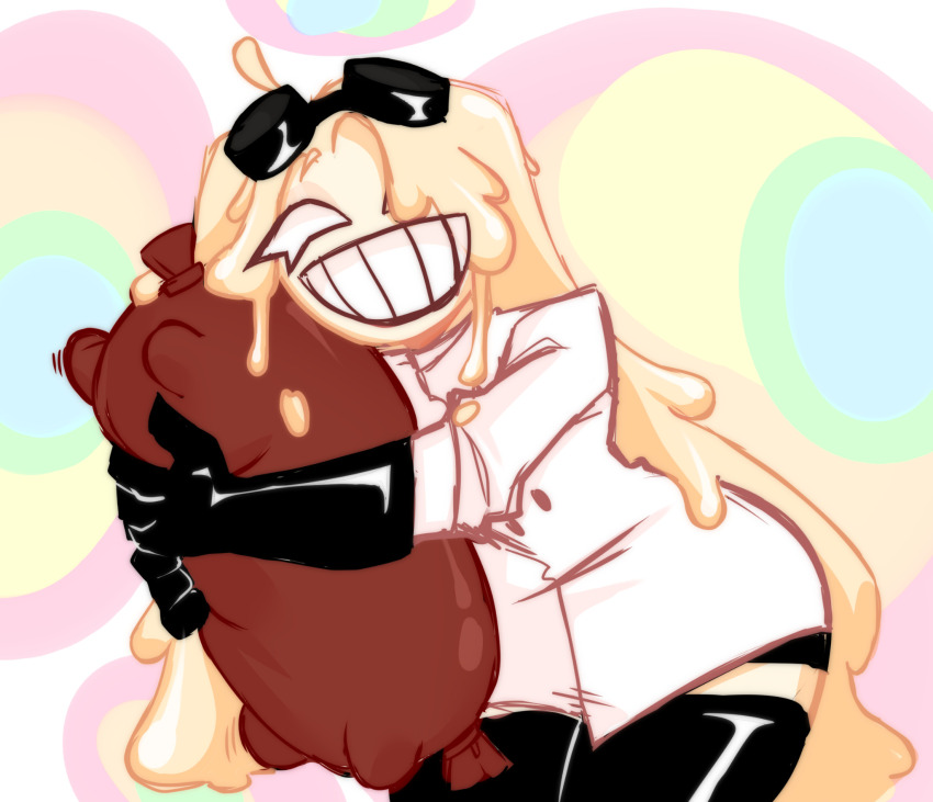 1girl cheese cheese_hair cheese_trail creature curvy flat_chest food highres holding holding_creature hug mad_scientist monster monster_girl mother_agony mozzarella_(mother_agony) original pet pizza_tower smug toon_(style)