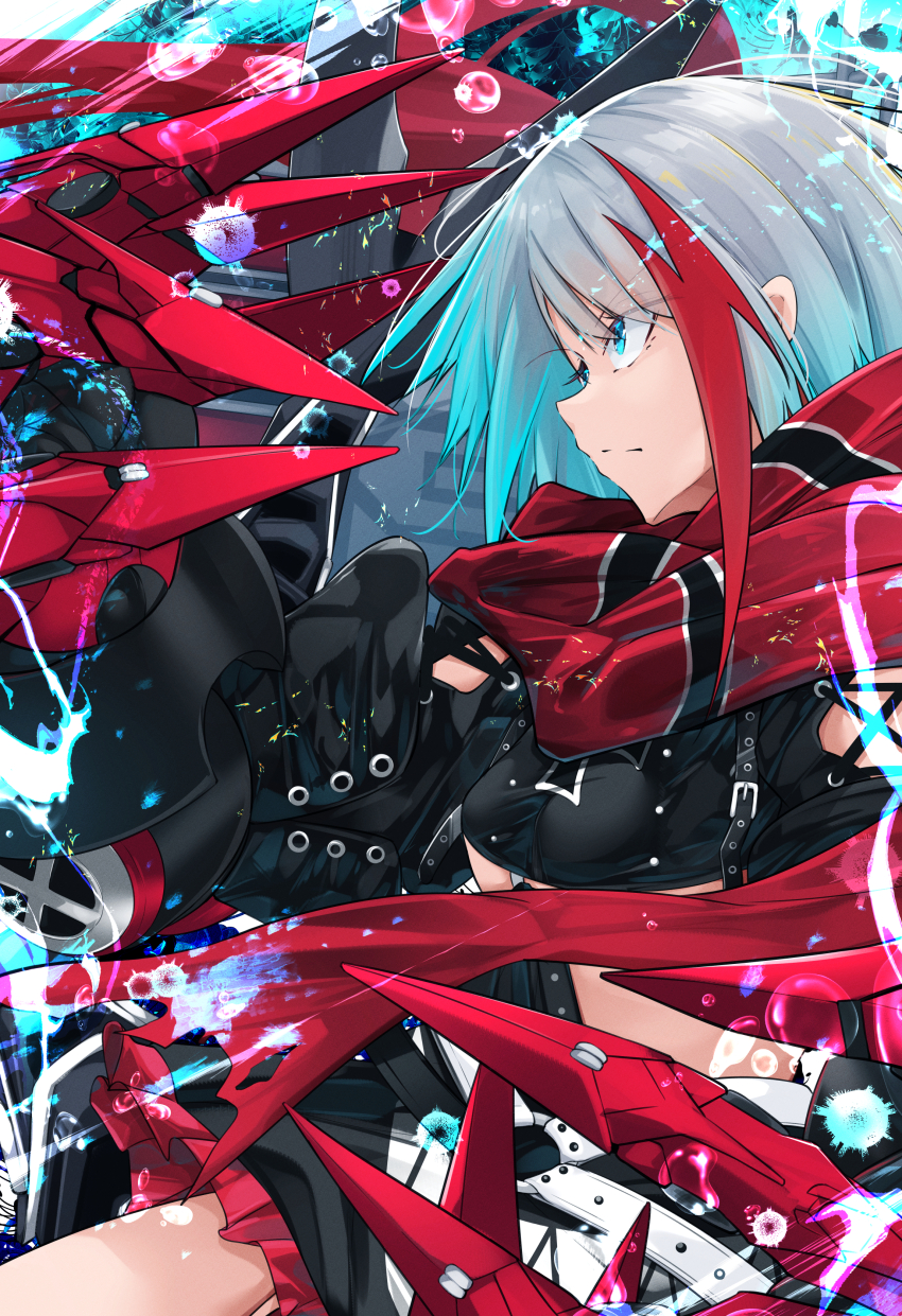 1girl :/ absurdres admiral_graf_spee_(azur_lane) azur_lane black_dress blue_eyes breasts commentary_request cross dress facing_to_the_side from_side gauntlets hand_up highres iron_cross looking_to_the_side medium_breasts medium_hair midriff multicolored_hair oriue_wato red_hair serious sideless_dress small_breasts solo streaked_hair two-tone_hair underboob white_hair