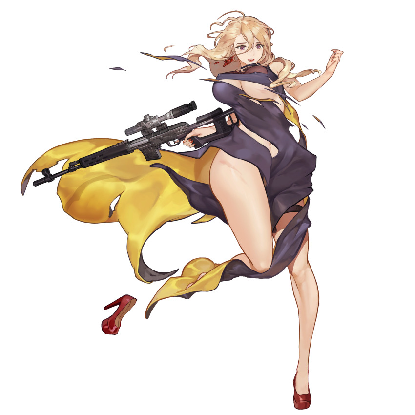 1girl amy_razor bare_arms bare_legs blonde_hair breasts clothes_between_thighs covered_erect_nipples defeat dress earrings full_body game_cg groin gun handgun high_heels highres jewelry large_breasts last_origin lipstick long_dress long_hair looking_at_viewer makeup nail_polish navel official_art purple_eyes red_nails rifle rorobomb shoes side_slit single_shoe solo tachi-e thighs torn_clothes transparent_background turtleneck turtleneck_dress weapon wide_hips
