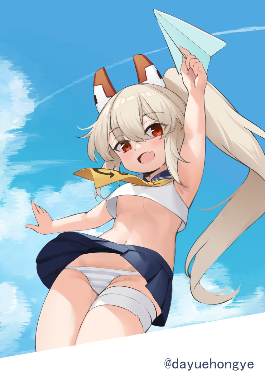 1girl :d absurdres aged_down anchor_symbol arm_up armpits ayanami_(azur_lane) azur_lane bandaged_leg bandages blue_skirt blue_sky breasts cloud cloudy_sky commentary_request from_below grey_hair groin hair_between_eyes headgear highres holding holding_paper_airplane jewelry long_hair looking_at_viewer looking_down navel ootsuki_momiji open_mouth panties paper_airplane pleated_skirt ponytail red_eyes school_uniform serafuku sidelocks skirt sky sleeveless smile solo stomach striped_clothes striped_panties thighlet twitter_username underboob underwear upshirt upskirt