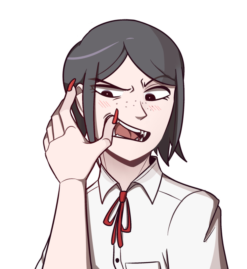 2girls annoyed black_eyes black_hair blush bow danganronpa:_trigger_happy_havoc danganronpa_(series) enoshima_junko eyebrows eyelashes fang fangs female_focus fingernails freckles hands_on_another&#039;s_face highres ikusaba_mukuro incest long_fingernails multiple_girls nail_polish open_mouth parted_bangs pov pov_hands red_bow red_nails red_ribbon ribbon sharp_teeth shirt siblings simple_background sisters teeth thumb_in_mouth tongue twincest twins white_background white_shirt yuri