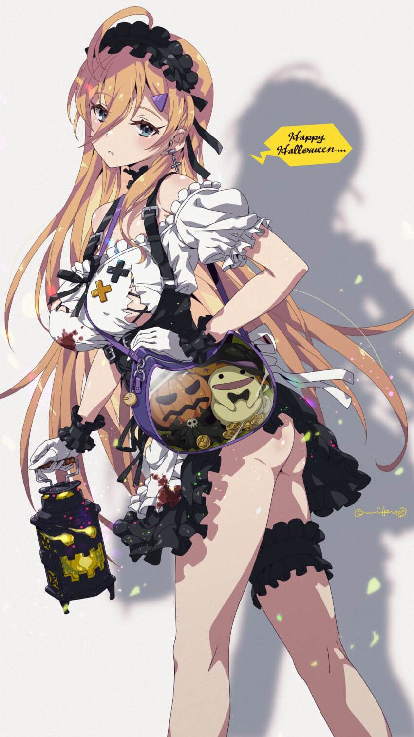 1girl ass bare_shoulders black_hairband black_shirt blood blood_on_clothes blue_eyes blush breasts commentary covered_erect_nipples english_text frilled_thigh_strap gloves hairband hand_on_own_hip happy_halloween high-waist_skirt highres holding holding_lantern lantern large_breasts long_hair looking_at_viewer oomura_karasu orange_hair original shirt short_sleeves skirt solo speech_bubble suspender_skirt suspenders symbol-only_commentary thigh_strap torn_clothes white_gloves white_shirt