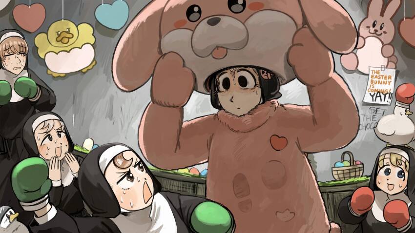 5girls animal_costume basket bird black_eyes blonde_hair blue_eyes boxing_gloves brown_eyes brown_hair bunny_nun_(diva) chicken clumsy_nun_(diva) commentary diva_(hyxpk) duck easter_egg egg english_commentary eyelashes froggy_nun_(diva) gloves green_gloves grey_hair hair_ornament heart highres laidback_nun_(diva) little_nuns_(diva) multiple_girls nervous_sweating nun rabbit_costume rabbit_hair_ornament shy_nun_(diva) sweat traditional_nun triangle_mouth