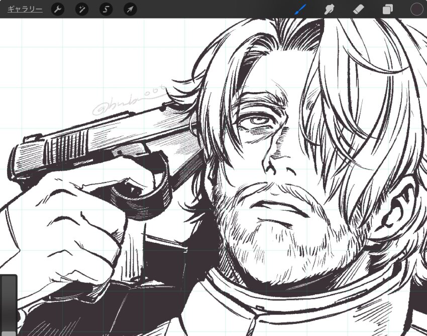 1boy art_program_in_frame beard challia_bull close-up facial_hair grid_background gun gun_to_head gundam gundam_gquuuuuux hair_over_one_eye handgun highres holding holding_gun holding_weapon imminent_suicide male_focus mecha_pilot_suit momochi_(bmbmomomo) monochrome mustache open_mouth short_hair solo weapon