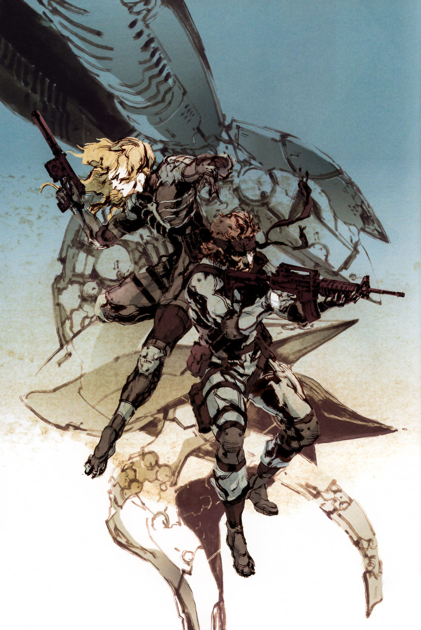 2boys absurdres artbook assault_rifle bandana black_bandana blonde_hair elbow_pads floating_hair full_body gradient_background grey_background gun h&amp;k_mark_23 handgun highres holding holding_gun holding_weapon knee_pads laser_sight m4_carbine male_focus mecha metal_gear_(series) metal_gear_ray metal_gear_solid metal_gear_solid_2:_sons_of_liberty midair multiple_boys official_art pouch projected_inset raiden_(metal_gear) rifle robot shinkawa_youji short_hair sneaking_suit solid_snake suppressor thigh_pouch third-party_source weapon white_background white_hair