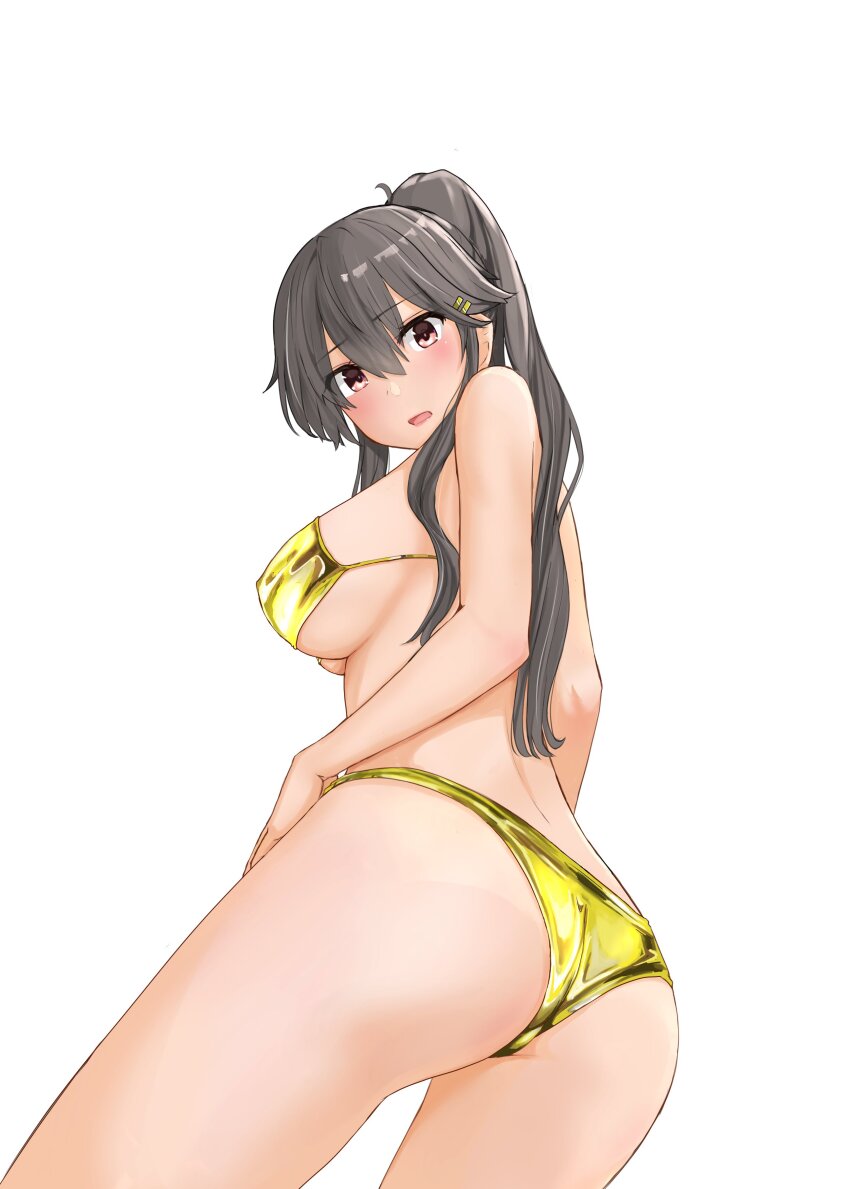 1girl absurdres alternate_costume alternate_hairstyle ass bikini black_hair breasts brown_eyes commentary_request from_behind from_below gold_bikini hair_ornament hairclip haruna_(kancolle) highres jouzaburou_(joe3) kantai_collection large_breasts long_hair looking_at_viewer looking_back ponytail simple_background solo swimsuit white_background
