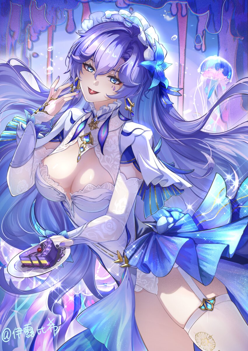 1girl :p absurdres artist_name blue_eyes blue_flower breasts cantarella_(wuthering_waves) chinese_commentary commentary_request cowboy_shot dress earrings facial_mark flower hair_between_eyes hair_flower hair_ornament hair_spread_out hand_up headdress highres jellyfish jewelry large_breasts long_hair looking_at_viewer nail_polish purple_hair purple_nails shorts shrug_(clothing) single_thighhigh skindentation smile solo tacet_mark_(wuthering_waves) thighhighs tongue tongue_out very_long_hair white_dress white_shorts white_shrug white_thighhighs wuthering_waves yilubixi