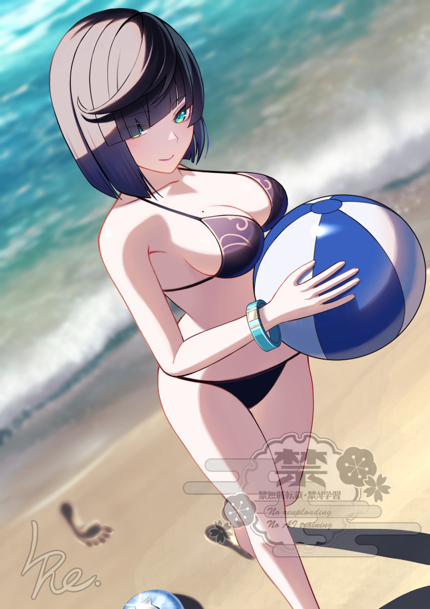 1girl ball bare_shoulders beach beachball bikini black_bikini black_hair bob_cut breasts cleavage diagonal_bangs genshin_impact green_eyes highres l4st_resort large_breasts looking_at_viewer navel shore short_hair solo swimsuit yelan_(genshin_impact)