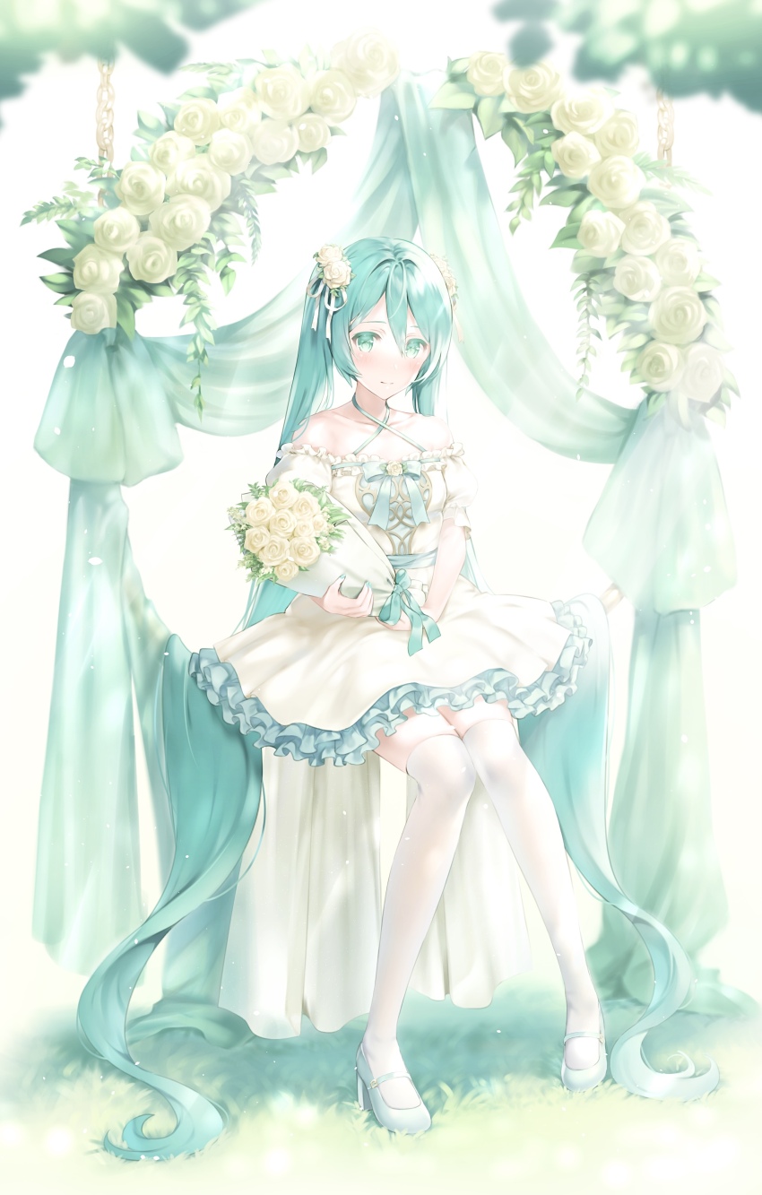 1girl absurdres anniversary aqua_eyes aqua_hair aqua_ribbon aqua_shoes blurry blush bouquet closed_eyes collarbone commentary dress flower hair_between_eyes hair_flower hair_ornament hatsune_miku highres holding holding_bouquet long_hair on_swing ribbon shoes sitting smile solo swing thighhighs twintails usagiplanet7 very_long_hair vocaloid white_background white_dress white_flower white_thighhighs