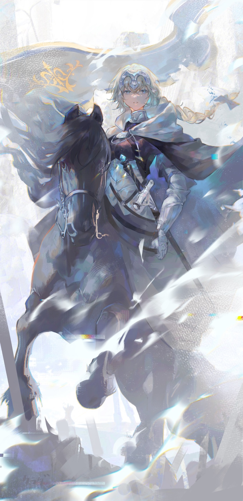 1girl absurdres animal black_cloak blonde_hair blue_eyes boobplate bow braid breastplate cloak crossed_bangs fate/grand_order fate_(series) flag floating_cape floating_hair from_side full_body gauntlets hair_bow headgear highres hood hood_down hooded_cloak horse horseback_riding jeanne_d&#039;arc_(fate) jeanne_d&#039;arc_(ruler)_(fate) kurage_(nai_chuanqi) looking_at_viewer parted_lips reins riding single_braid sitting solo sword torn_flag weapon