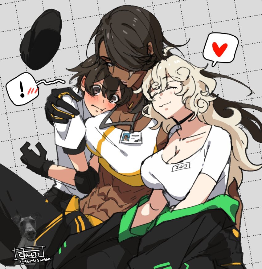! 3girls :t abs amane_(sunsirou) arm_around_shoulder baseball_cap black_gloves black_hair black_hat black_jacket black_pants blonde_hair blush breasts brown_eyes brown_hair cheek_press cleavage closed_eyes closed_mouth clothes_around_waist collarbone commentary dog elena_(sunsirou) flustered gloves grey_background grid_background hair_over_one_eye hand_on_another&#039;s_hip hand_on_another&#039;s_shoulder hat head_on_another&#039;s_shoulder head_on_chest heart highres id_card jacket jacket_around_waist lanyard leader_(sunsirou) long_hair multiple_girls muscular muscular_female off_shoulder original pants shirt shirt_tucked_in short_sleeves signature spoken_blush spoken_exclamation_mark spoken_heart sports_bra stomach sunsirou symbol-only_commentary t-shirt twitter_username unworn_hat unworn_headwear v-shaped_eyebrows wavy_hair white_shirt white_sports_bra