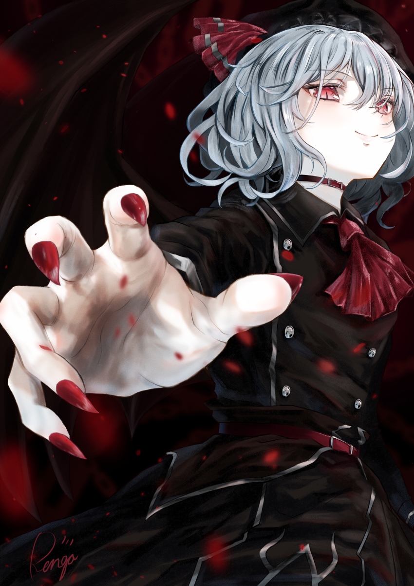 1girl absurdres alternate_costume alternate_headwear_color ascot belt belt_collar black_dress black_hat blue_hair closed_mouth collar commentary dress english_commentary fingernails hand_focus hat highres looking_at_viewer looking_down mob_cap red_ascot red_belt red_eyes red_nails remilia_scarlet shirai_renga signature slit_pupils smile solo touhou wings