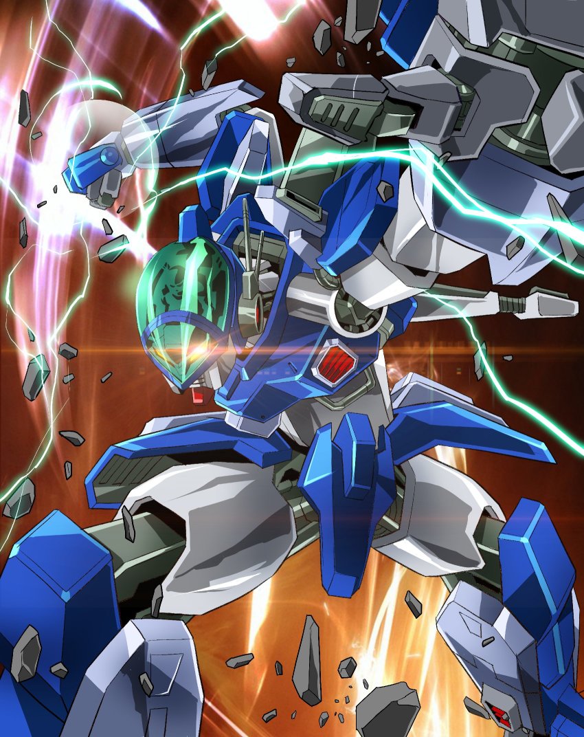 aoki_ryuusei_spt_layzner clenched_hand dynamic_pose electricity glowing glowing_eye highres layzner looking_at_viewer mecha mecha_focus no_humans open_hand platin_(alios) punching radio_antenna robot science_fiction solo yellow_eyes