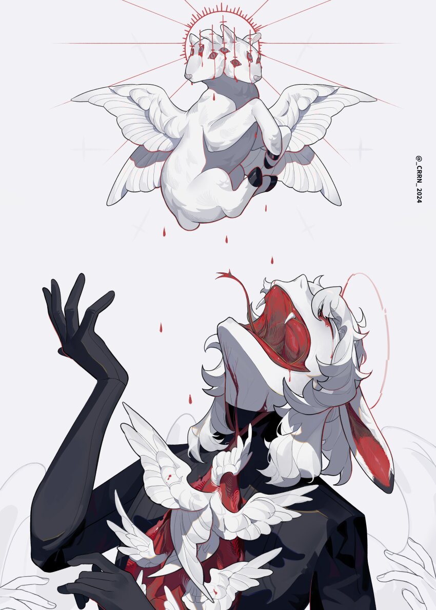 1boy absurdres angel_wings animal_ears baby_animal blood blood_from_mouth colored_skin crrn eden_(crrn) extra_arms fangs feathered_wings forked_tongue highres lamb open_mouth original rabbit_ears red_eyes sheep solo tongue tongue_out too_many_eyes white_hair white_skin wings