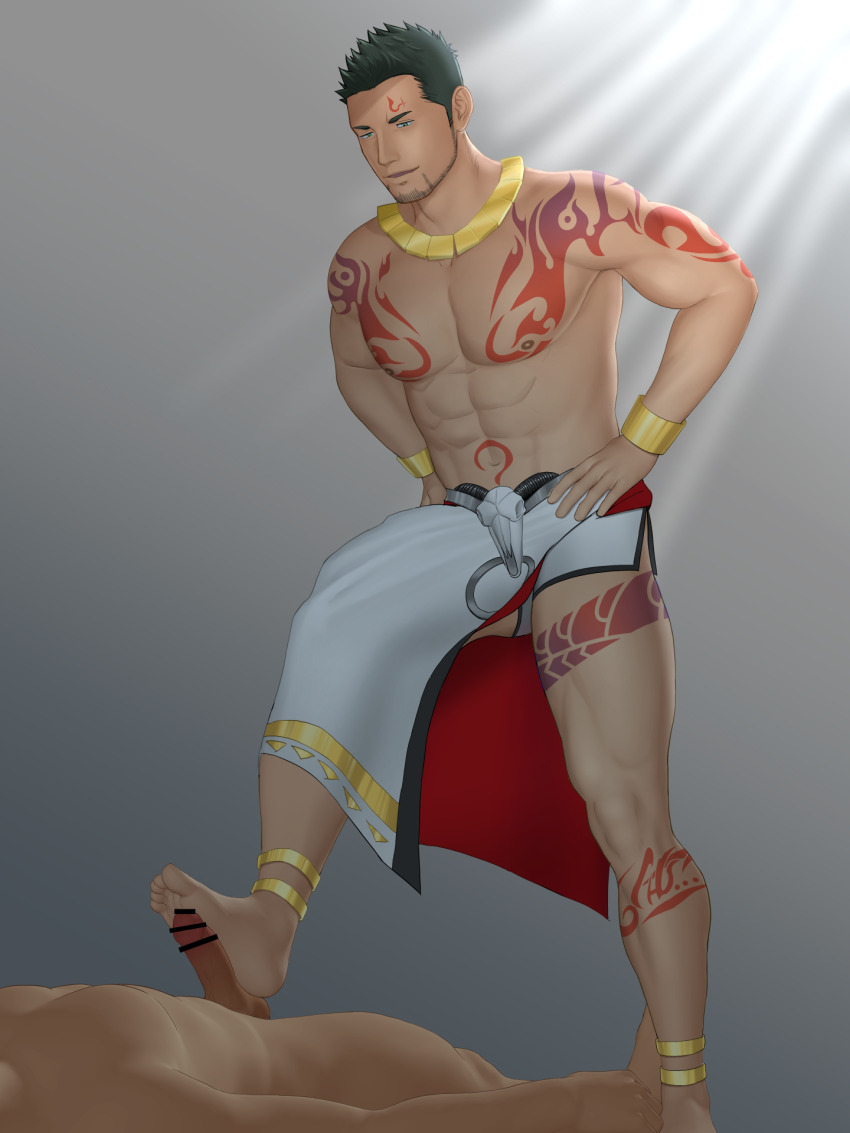 2boys abs ancient_greek_clothes arm_tattoo bar_censor bara bare_pectorals beard censored chest_tattoo clothed_male_nude_male completely_nude cum cum_on_body erection facial facial_hair facial_tattoo footjob forehead_tattoo gold_anklet gold_necklace gold_wristbands greco-roman_clothes green_eyes green_hair gyee hands_on_own_hips highres jashin_doruton jewelry large_pectorals leg_tattoo male_focus manly master_(gyee) mature_male multiple_boys muscular muscular_male navel necklace nipples nude parted_lips pectorals penis priapus priapus_a._tarou red_pupils shirtless_male short_hair shorts side_slit side_slit_shorts sideburns skull_belt solo_focus spiked_hair standing stomach stomach_tattoo stubble sweat tattoo testicles thighs topless_female topless_male white_shorts yaoi