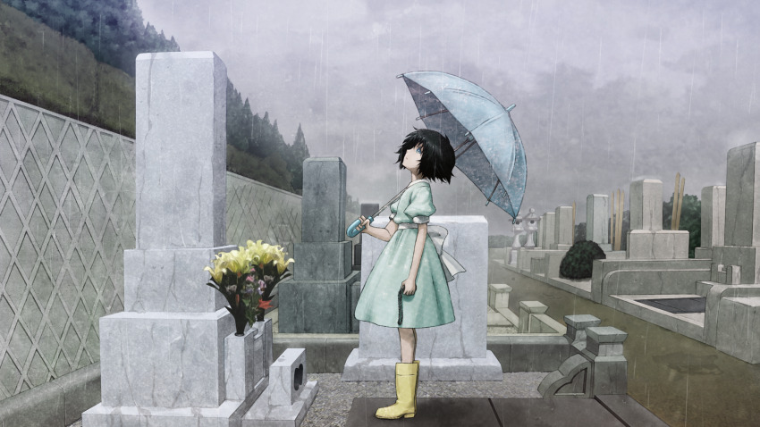 1girl aged_down aqua_eyes back_bow black_hair blue_dress blue_eyes bob_cut boots bouquet bow cloud cloudy_sky dress flower from_side game_cg graveyard grey_sky highres holding holding_rosary holding_umbrella huke looking_up medium_hair official_art outdoors puffy_short_sleeves puffy_sleeves rain ringed_eyes rubber_boots sash shiina_mayuri short_sleeves sky solo square_pupils standing steins;gate tareme tombstone tree umbrella waist_sash white_bow white_trim yellow_boots