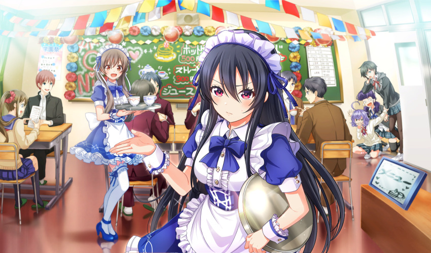 6+girls :d ahoge alternate_costume apron asada_aoi beckoning black_hair black_jacket black_pantyhose blue_dress blue_eyes blue_footwear brown_hair cardigan chair chalkboard cinderella_series classroom closed_mouth desk dress enmaided frilled_apron frilled_dress frills game_cg hachigatsu_no_cinderella_nine hair_between_eyes hair_ornament hair_scrunchie high_ponytail highres holding holding_tray indoors izumida_kyouka jacket long_hair looking_at_viewer maid maid_apron maid_cafe maid_headdress multiple_girls neck_ribbon non-web_source official_art open_mouth pantyhose plaid_clothes plaid_skirt pleated_skirt ponytail puffy_short_sleeves puffy_sleeves purple_hair red_eyes red_ribbon red_scrunchie ribbon school_chair school_desk scrunchie shiina_yukari_(hachigatsu_no_cinderella_nine) shinonome_ryo shirt short_hair short_sleeves shy skirt sliding_doors slippers smile solo_focus string_of_flags sweatdrop thighhighs tray tsukumo_kana v-shaped_eyebrows very_long_hair white_apron white_cardigan white_shirt white_thighhighs wrist_cuffs