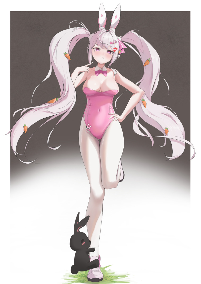 1girl alice_(nikke) alice_(wonderland_bunny)_(nikke) animal_ear_hairband animal_ears bow bowtie carrot_hair_ornament chinese_commentary commentary_request covered_navel detached_collar fake_animal_ears food-themed_hair_ornament froggy_(froggy_163) full_body goddess_of_victory:_nikke gradient_background grey_background hair_ornament hairband highres leotard long_hair looking_at_viewer pantyhose pink_bow pink_bowtie pink_eyes pink_leotard playboy_bunny rabbit rabbit_ears rabbit_tail strapless strapless_leotard tail twintails white_pantyhose