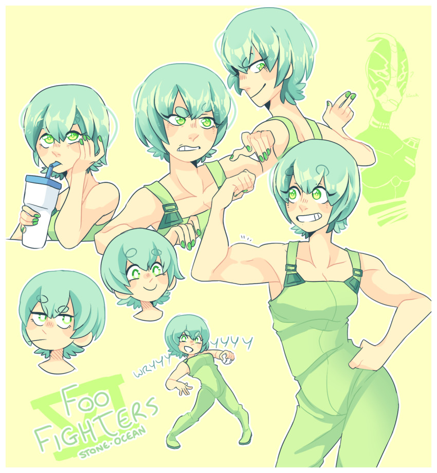 1girl blush boukken character_name copyright_name cowboy_shot drink drinking drinking_straw drinking_straw_in_mouth flexing foo_fighters_(jojo) foo_fighters_(stand) green_eyes green_hair green_nails green_overalls green_theme hand_on_own_hip highres holding holding_drink jojo_no_kimyou_na_bouken multiple_views nail_polish overalls parted_lips profile short_hair smile stand_(jojo) stone_ocean upper_body