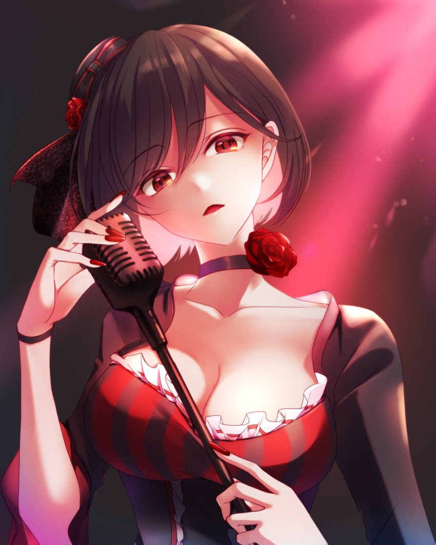 1girl black_choker bob_cut breasts brown_hair chi119 choker cleavage collarbone colored_eyelashes commentary_request flower hat highres holding holding_microphone large_breasts looking_at_viewer meiko_(lorelei)_(vocaloid) meiko_(vocaloid) microphone mini_hat open_mouth project_diva_(series) red_eyes red_flower red_nails red_rose rose short_hair solo upper_body vocaloid