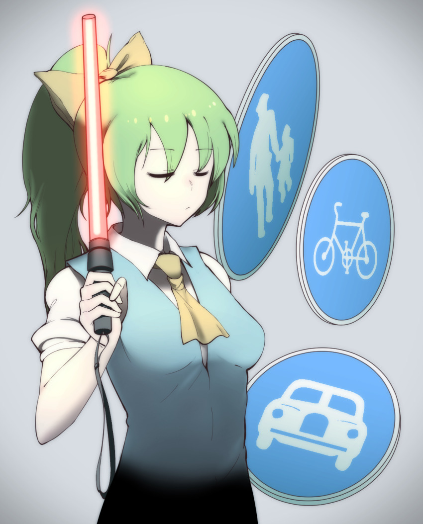 1girl ascot bicycles_only_sign bow breasts closed_eyes closed_mouth collared_shirt colored_skin commentary_request cookie_(touhou) daiyousei diyusi_(cookie) expressionless green_hair grey_background hair_between_eyes hair_bow highres holding long_bangs motor_vehicles_only_sign offside:_diyusi parupunte_(nicoseiga51964270) pedestrians_only_sign ponytail road_sign shirt short_sleeves sign simple_background small_breasts solo touhou traffic_baton upper_body white_shirt white_skin yellow_ascot yellow_bow