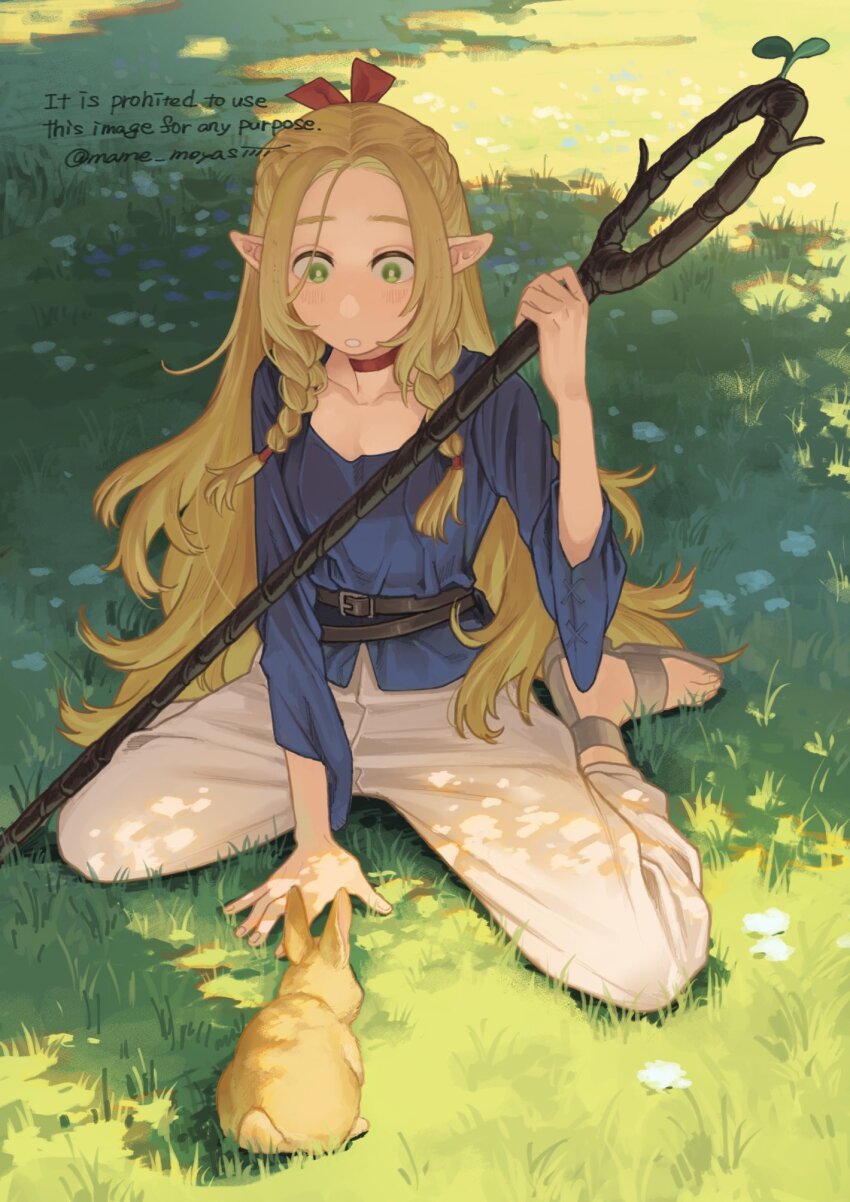 1girl :o artist_name belt black_belt blonde_hair blue_shirt blush braided_sidelocks choker commentary day dungeon_meshi elf english_text full_body green_eyes grey_shoes hair_ribbon highres holding holding_staff legs_apart long_hair looking_at_animal mage_staff mame_moyashi marcille_donato no_nose on_grass outdoors pants pointy_ears rabbit red_choker red_ribbon ribbon shirt shoes sidelocks sitting solo staff symbol-only_commentary teeth twitter_username very_long_hair white_pants