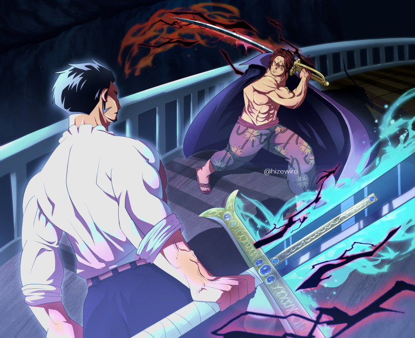 2boys absurdres anger_vein angry battle black_coat coat dracule_mihawk fighting_stance highres male_focus multiple_boys muscular muscular_arms muscular_male night one_piece red_hair scar shanks_(one_piece) ship ship_deck shirt sleeveless sword swordman topless_female topless_male veins watercraft weapon white_shirt