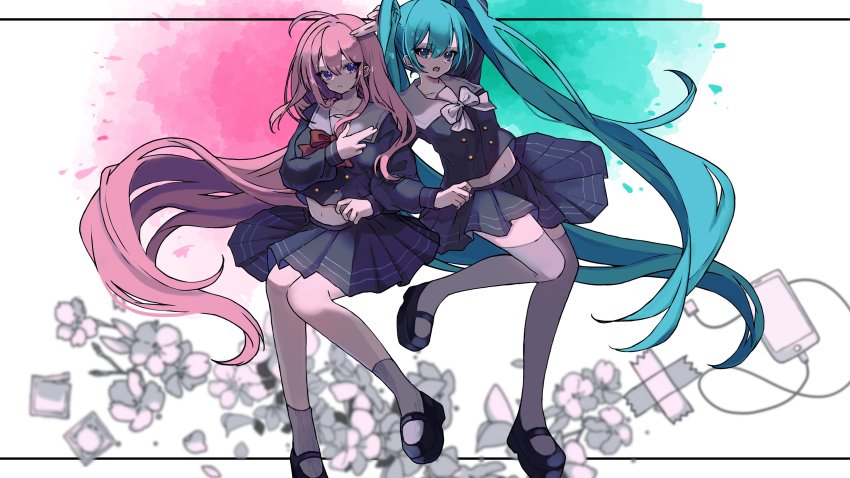 2girls absurdres ahoge alternate_costume ankle_socks aqua_eyes aqua_hair arm_up black_footwear black_shirt black_skirt bow bowtie closed_mouth collar collared_shirt flower hair_between_eyes hand_up hatsune_miku highres invisible_chair katorea long_hair mary_janes megurine_luka midriff multiple_girls navel noushou_sakuretsu_girl_(vocaloid) open_mouth pink_hair pleated_skirt purple_eyes red_bow red_bowtie sailor_collar school_uniform serafuku shirt shoes sitting skirt socks thighhighs twintails very_long_hair vocaloid white_background white_bow white_bowtie white_flower white_sailor_collar