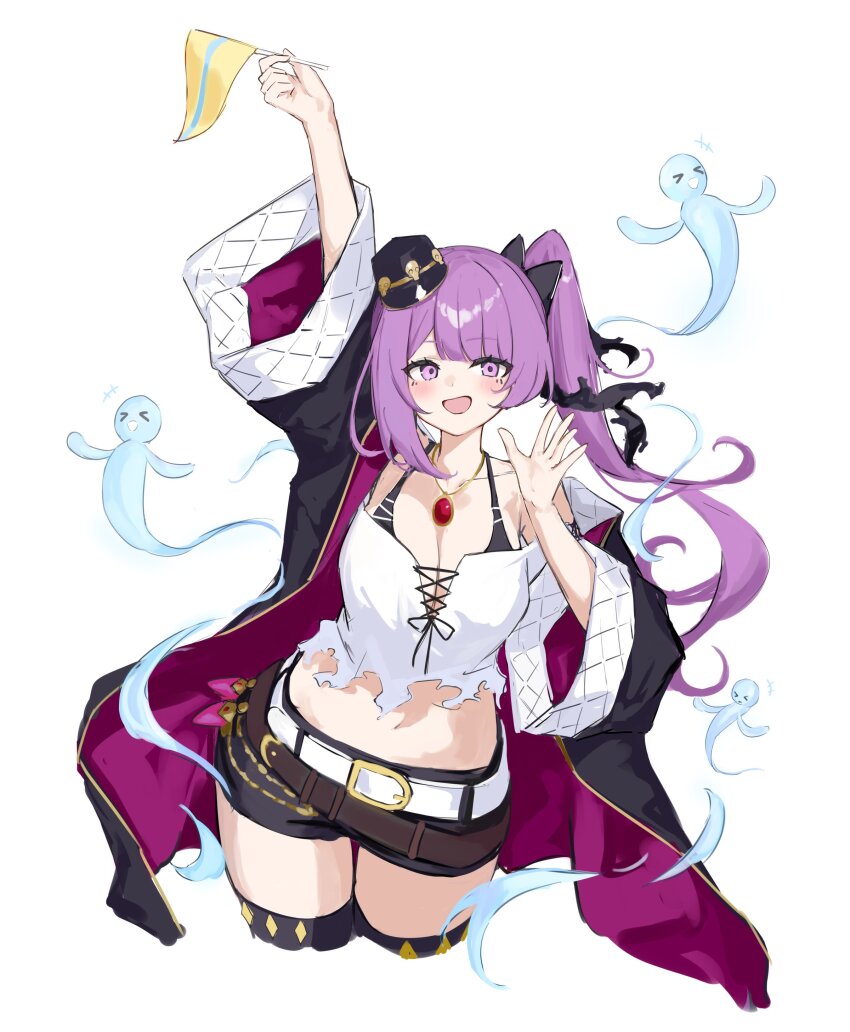 1girl 3others absurdres amy_(shadowverse) arm_up bare_shoulders belt black_coat black_hat black_shorts black_thighhighs blush bow breasts cleavage coat commentary_request crop_top curvy flag gem ghost grin hair_bow hand_up hat highres holding holding_flag jacket jewelry large_breasts long_hair long_sleeves looking_at_viewer midriff mini_hat mole multicolored_jacket multiple_others navel necklace off-shoulder_shirt off_shoulder open_clothes open_jacket open_mouth pink_jacket purple_eyes purple_hair purple_jacket red_gemstone shadowverse shiro_wa_(shiroshironix) shirt short_shorts shorts side_ponytail sketch smile solo_focus standing stomach thighhighs thighs torn_clothes torn_shirt two-tone_jacket white_shirt wide_sleeves