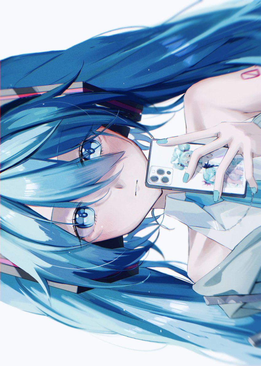 1girl annotated artist_self-reference bare_shoulders blue_eyes blue_hair blue_nails blue_necktie blush cellphone character_print cinnamiku closed_mouth collared_shirt commentary_request grey_jacket grey_shirt hair_between_eyes hatsune_miku hatsune_miku_(supreme) highres holding holding_phone jacket long_hair long_sleeves looking_at_viewer necktie number_tattoo open_clothes open_jacket phone project_diva_(series) saksak_mocchiri shirt shoulder_tattoo sideways simple_background single_bare_shoulder smartphone solo tattoo twintails vocaloid white_background