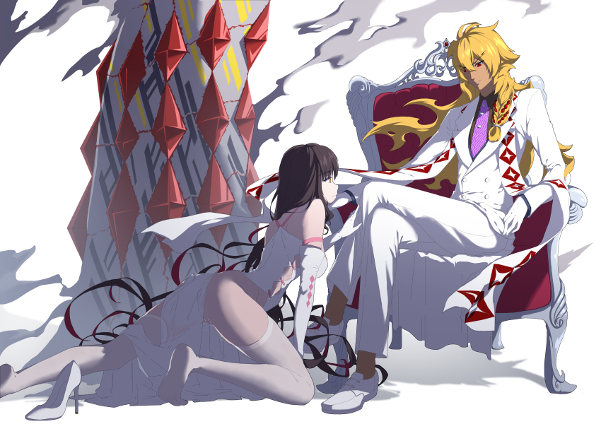 absurdres argyle_cutout armchair black_hair black_skirt blonde_hair breasts chair chinese_commentary closed_mouth clothing_cutout coat collared_shirt dark-skinned_male dark_skin demon_pillar_(fate) dress elbow_gloves fate/grand_order fate_(series) gloves goetia_(fate) hair_between_eyes hand_on_another&#039;s_chin hand_on_another&#039;s_leg high_heels highres king_of_men_goetia_(fate) large_breasts long_sleeves looking_at_another necktie no_panties no_shoes on_one_knee pants pelvic_curtain pink_necktie pussy pussy_juice qi_huang_qin red_eyes sessyoin_kiara shirt shoes side_cutout sitting skirt solomon_(fate) stole thighhighs unworn_shoes white_coat white_dress white_footwear white_gloves white_pants white_thighhighs