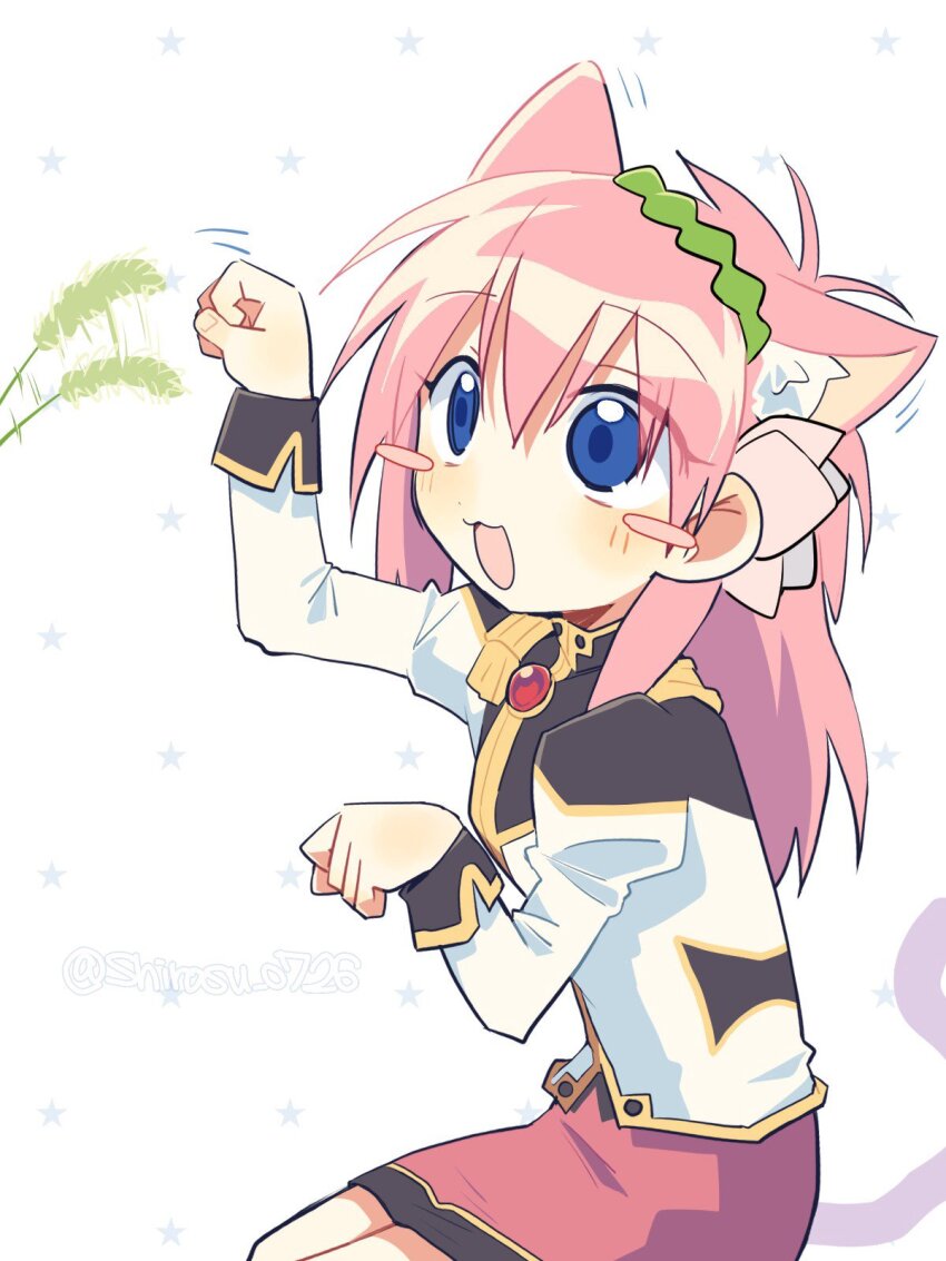1girl animal_ear_fluff blue_eyes blush_stickers extra_ears flower galaxy_angel hair_flower hair_ornament highres kemonomimi_mode long_hair long_sleeves milfeulle_sakuraba monocle monocle_chain nm_shirasu open_mouth pencil_skirt pink_hair skirt solo twitter_username