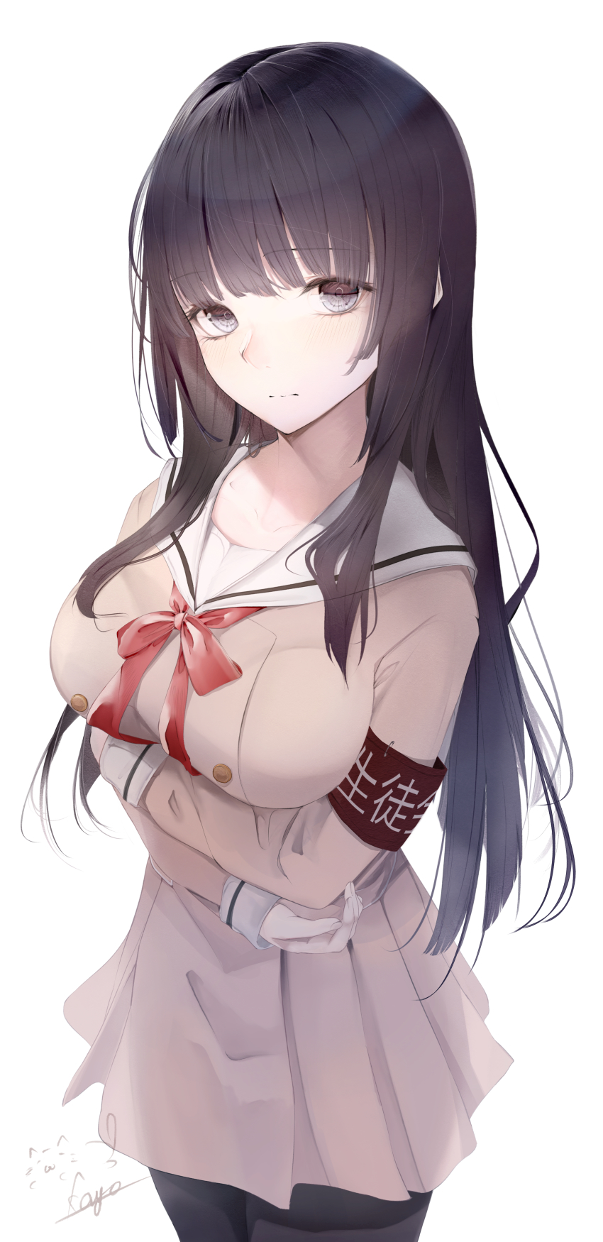 1girl absurdres armband arms_under_breasts artist_name bang_dream! black_hair black_pantyhose blush bow bowtie breasts brown_dress buttons closed_mouth collarbone commentary_request cowboy_shot double-breasted dress eyelashes fingernails grey_eyes hanasakigawa_school_uniform head_tilt highres kisaragi_yaya long_hair long_sleeves looking_at_viewer medium_breasts pantyhose pleated_dress red_bow red_bowtie safety_pin sailor_collar school_uniform serafuku shirokane_rinko short_dress sidelocks signature simple_background solo standing white_background white_sailor_collar
