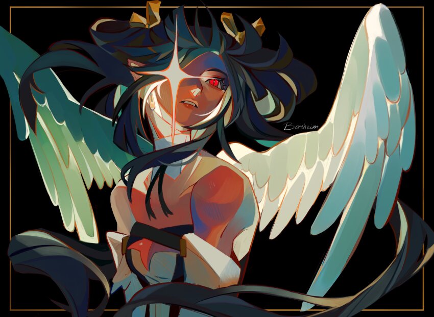 1girl angel_wings artist_name bare_shoulders black_background blue_hair borcheim border breasts choker cleavage commentary detached_sleeves dizzy_(guilty_gear) english_commentary glowing glowing_eye guilty_gear hair_flowing_over hair_ribbon hair_rings highres outside_border pointy_ears red_eyes ribbon signature slit_pupils solo twintails white_wings wings yellow_border yellow_ribbon