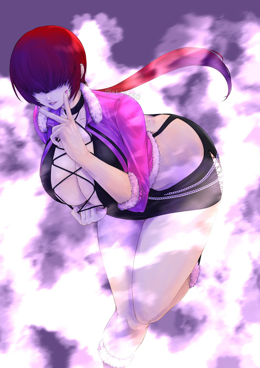 1girl ass bent_over boots breasts butt_crack cleavage cleavage_reach dimples_of_venus downpants dress highres huge_ass jacket large_breasts lipstick long_hair makeup nail_polish ponytail red_hair shermie_(kof) solo the_king_of_fighters
