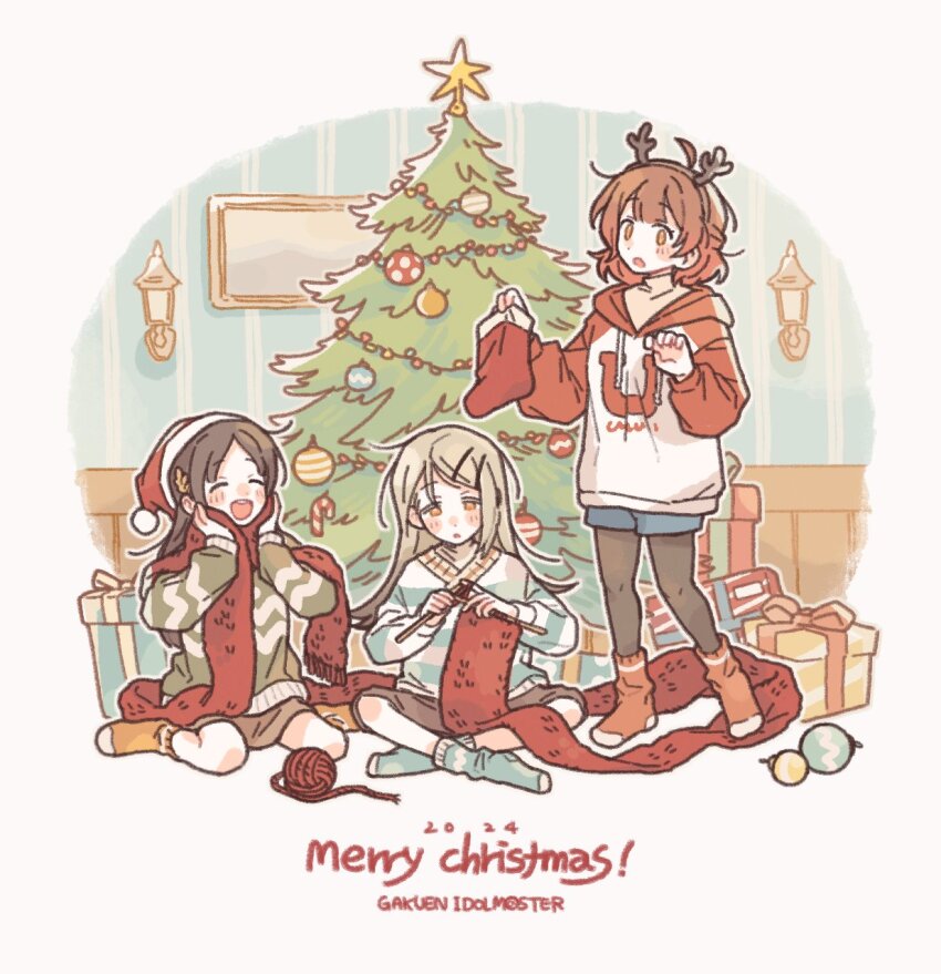 3girls ^_^ boots box brown_hair christmas_ornaments christmas_tree closed_eyes copyright_name doch1_suki fake_antlers full_body gakuen_idolmaster gift gift_box hanami_ume hat highres idolmaster indoors knitting knitting_needle kuramoto_china merry_christmas multiple_girls needle red_scarf santa_boots santa_hat scarf shinosawa_hiro