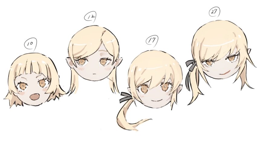 1girl blonde_hair hair_ribbon highres kiss-shot_acerola-orion_heart-under-blade kizumonogatari looking_at_viewer monogatari_(series) oshino_shinobu pointy_ears ribbon simple_background solo taki_(a313131333) vampire white_background yellow_eyes