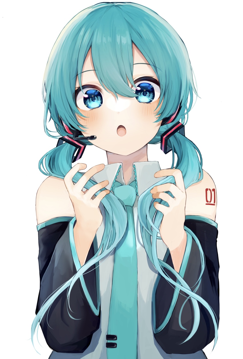 1girl :o absurdres alternate_hairstyle aqua_hair aqua_necktie black_sleeves blue_eyes blush collared_shirt commentary_request detached_sleeves grey_shirt hair_between_eyes hatsune_miku highres long_hair long_sleeves looking_at_viewer low_twintails mochita_mogu necktie number_tattoo shirt shoulder_tattoo simple_background sleeveless sleeveless_shirt solo tattoo tie_clip tongue twintails vocaloid white_background