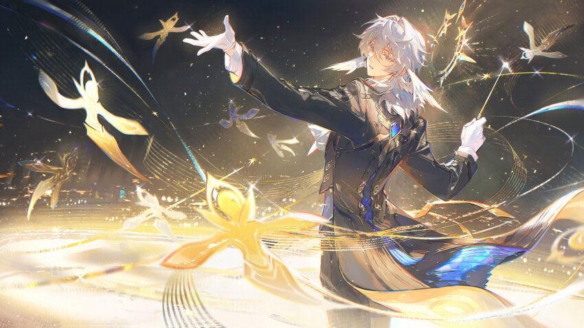 1boy absurdres arm_up back black_coat black_pants blurry coat commentary_request conductor_baton cowboy_shot creature depth_of_field earrings feathered_wings formal_clothes from_behind gloves gold_earrings grey_eyes grey_hair hair_between_eyes halo halo_behind_head head_wings highres holding_baton honkai:_star_rail honkai_(series) jewelry long_sleeves looking_at_creature male_focus medium_hair outstretched_arm pants parted_lips renjian_shilian shirt solo spiked_halo standing sunday_(honkai:_star_rail) sunday_(star_rail_live_2025)_(honkai:_star_rail) tailcoat teeth white_gloves white_shirt white_wings wings