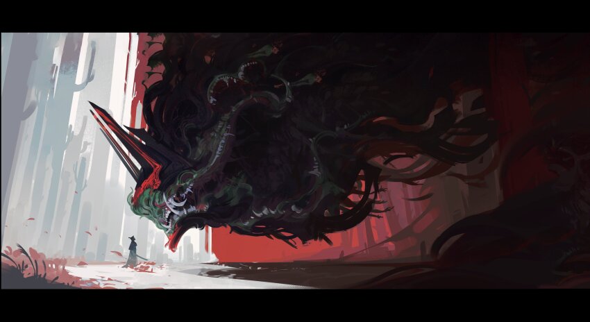 2boys absurdres aku_(samurai_jack) commentary dark demon demon_horns english_commentary forest highres holding holding_sword holding_weapon horns imminent_fight jaesekki looking_at_another monster multiple_boys nature outdoors samurai samurai_jack samurai_jack_(character) shadow sharp_teeth size_difference sketch sword teeth tree weapon