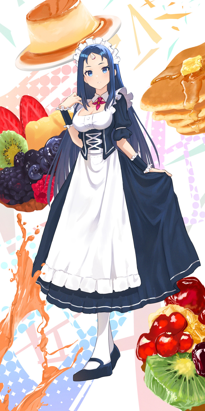 1girl absurdres ann_(isekai_nonbiri_nouka) apron blue_dress blue_eyes blue_footwear blue_hair breasts cleavage collar dress e_ga_ku food fruit full_body grapes highres holding holding_unworn_clothes holding_unworn_dress horns isekai_nonbiri_nouka kiwi_(fruit) kiwi_slice large_breasts light_blush long_bangs long_hair looking_at_viewer maid maid_apron maid_headdress pancake pancake_stack pudding single_horn skirt_hold solo strawberry strawberry_slice thighhighs very_long_hair white_apron white_collar white_headdress white_thighhighs