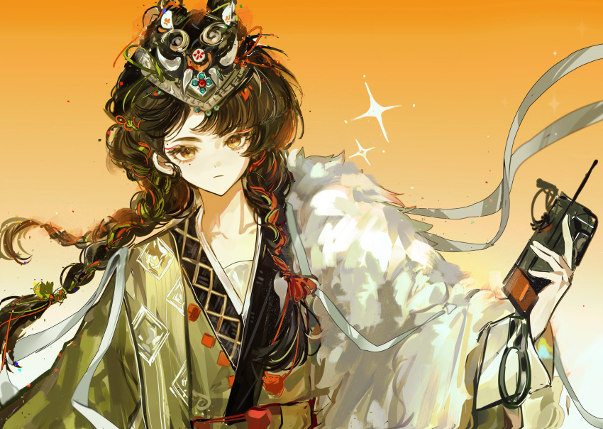 1girl absurdres black_hair cape cellphone chinese_clothes closed_mouth fur_cape gradient_background green_hanfu hand_up hanfu highres holding holding_phone liang_yue_(reverse:1999) looking_at_viewer mark_under_both_eyes mask mask_on_head orange_background phone reverse:1999 solo sparkle tri_braids upper_body waist_cape weiyan_(nbnbmwnl) yellow_eyes