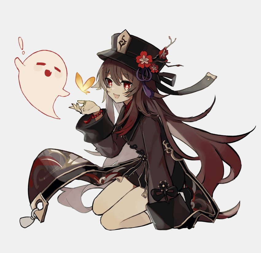 ! 1girl :d bead_bracelet beads black_nails bracelet branch brown_coat brown_hair brown_hat brown_shorts bug butterfly closed_eyes coat commentary_request flower full_body genshin_impact ghost grey_background hat hat_flower highres hu_tao_(genshin_impact) insect jewelry knot long_hair long_sleeves looking_at_viewer merry-san nail_polish open_mouth porkpie_hat red_eyes red_flower ring seiza shorts sidelocks simple_background sitting smile socks solo tassel twintails very_long_hair white_socks