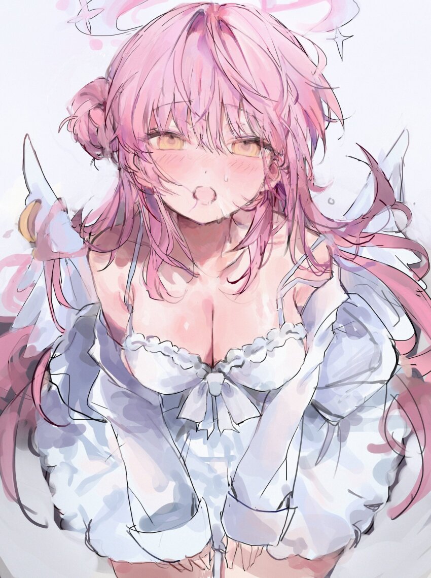 1girl :o blue_archive blush breasts cleavage dress hair_bun halo highres long_hair looking_at_viewer medium_breasts mika_(blue_archive) pink_hair qqkkay shirt simple_background single_side_bun sketch sleeveless sleeveless_dress solo sweatdrop very_long_hair white_background white_dress white_shirt white_wings wings