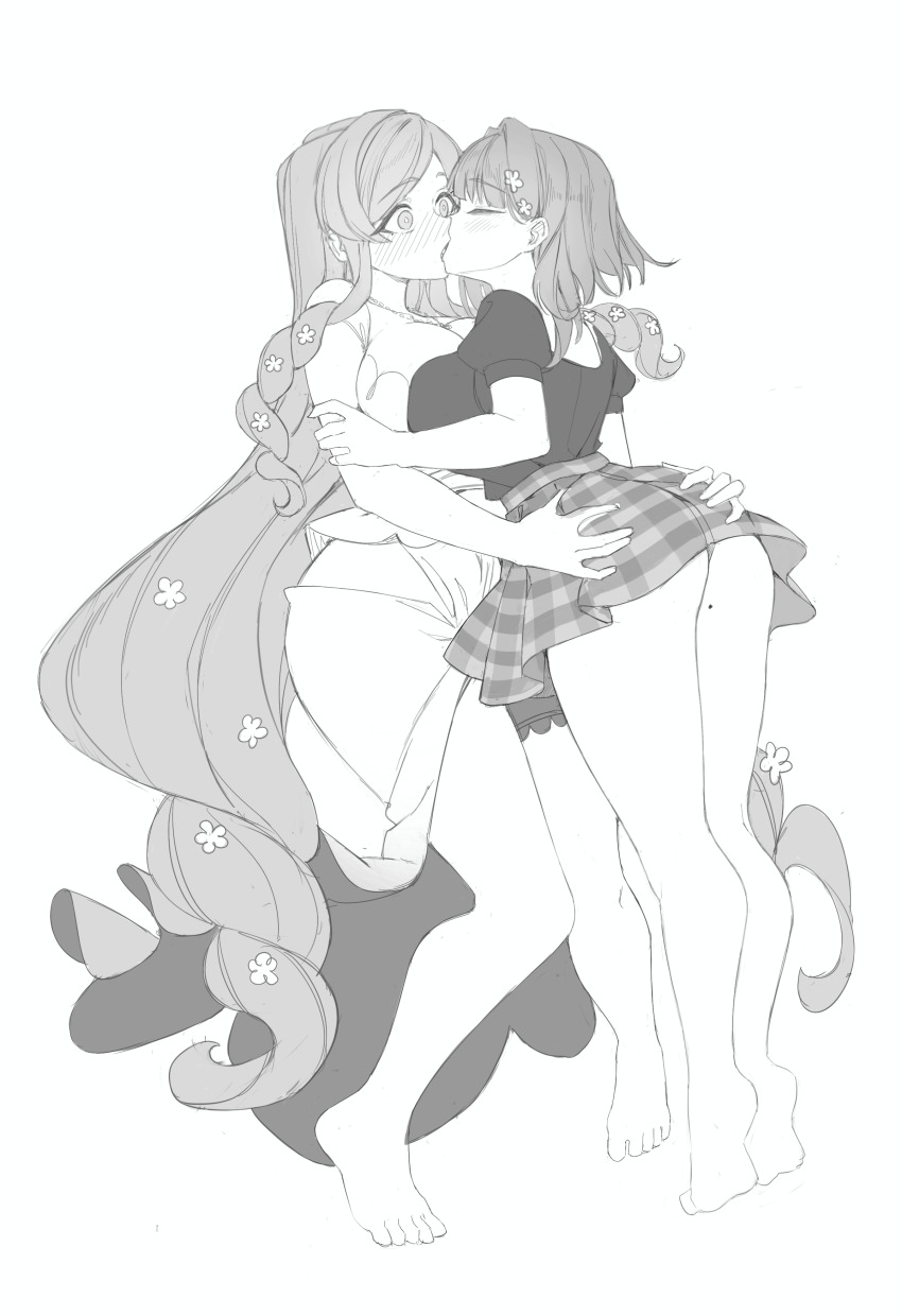 2girls absurdres blush breasts closed_eyes female_focus french_kiss greyscale hair_ornament hanazono_hahari hanazono_hakari highres hornfelstone incest kimi_no_koto_ga_dai_dai_dai_dai_daisuki_na_100-nin_no_kanojo kiss large_breasts long_hair mature_female mole mole_on_thigh monochrome mother_and_daughter multiple_girls sketch skirt yuri
