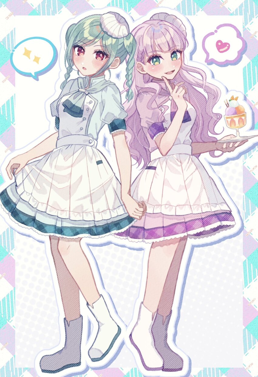 2girls :d :o alternate_costume apron apron_hold aqua_hair blue_border blunt_bangs boots border braid braided_twintails breasts commentary dress enmaided food foot_up frilled_apron frills fruit full_body green_eyes halftone halftone_background hat heart highres holding holding_tray ice_cream_scoop_(utensil) index_finger_raised long_hair love_live! love_live!_superstar!! maid medium_breasts medium_dress medium_hair mini_hat multicolored_border multiple_girls onitsuka_tomari open_mouth orange_(fruit) orange_slice outline outside_border parfait pocky puffy_short_sleeves puffy_sleeves purple_border purple_hair red_eyes shimada_(smd_dms) short_sleeves side_braids sidelocks smile speech_bubble spoken_heart spoken_sparkle tray very_long_hair waist_apron wavy_hair white_apron white_background white_border white_footwear white_hat white_outline wien_margarete